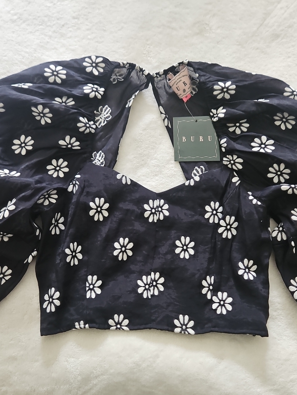 BURU Balloon Sleeve Sweetheart Neck Bustier: Black W/White Flowers:‎ Med
